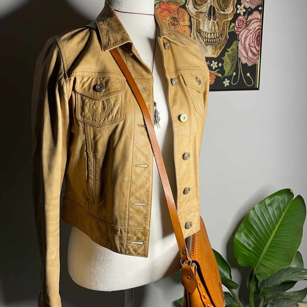 Vintage Distressed Camel Leather GAP Jean Jacket